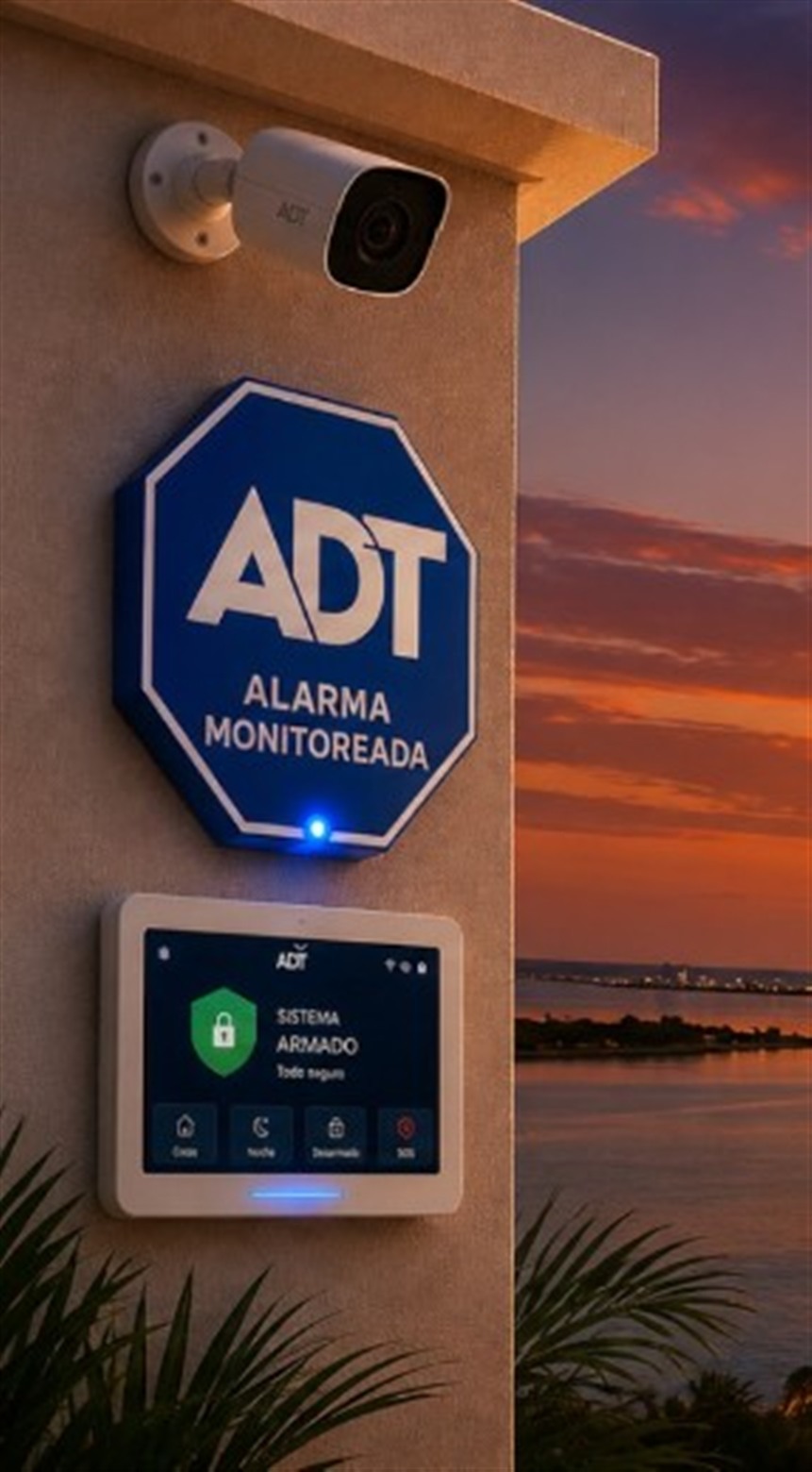 Cámara, letrero y panel ADT. Sistema armado.